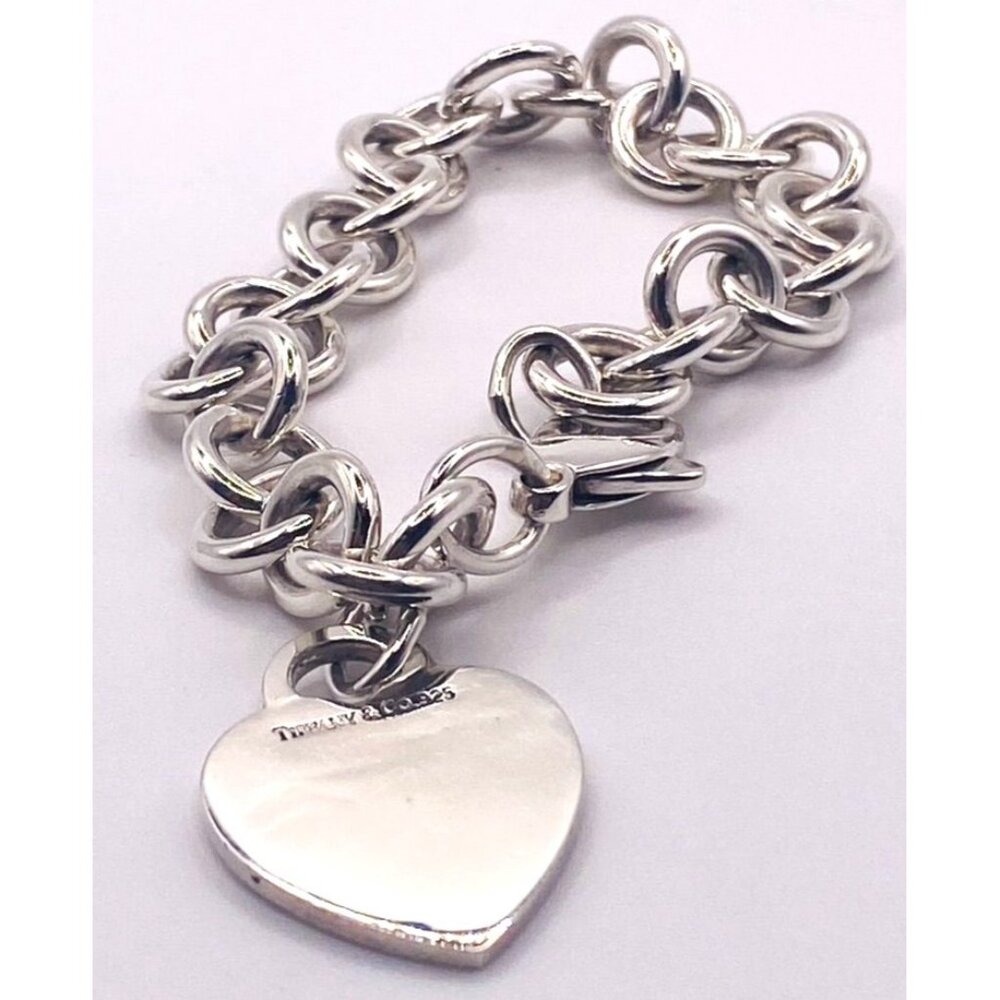 Authentic Tiffany & Co Sterling Silver Blank Heart Tag Charm Bracelet 7.75"